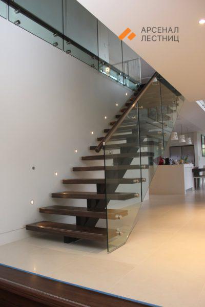 Лестница на центральном косоуре со стеклом